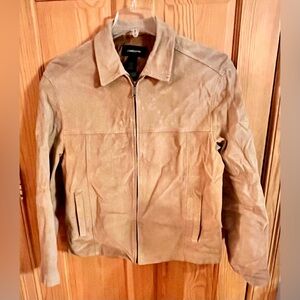 Claiborne Men’s Large Cream Tan Suede Leather Jacket Zips Lined Preppy Western